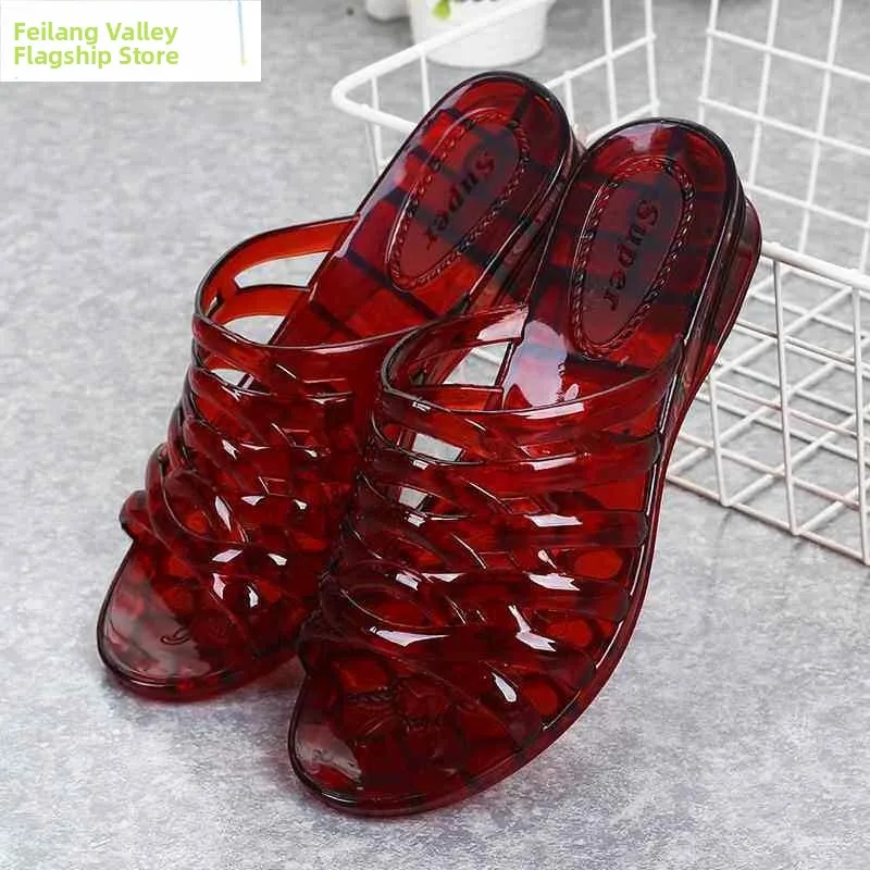 

New Summer Platform Slippers Women's One-Strap Anti-Slip Crystal Plastic Mom Casual Slippers Outdoor Wear Comfortable Home Shoes
