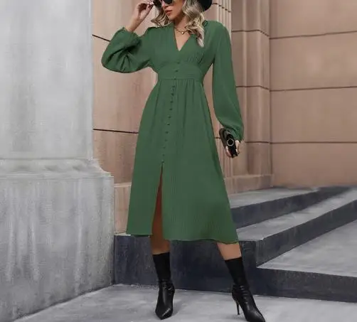 

Solid Color V-Neck Lantern Sleeve Waist Cinched Dress for Autumn, Women's Fashionable and Elegant Slim Fit A-Line Dress