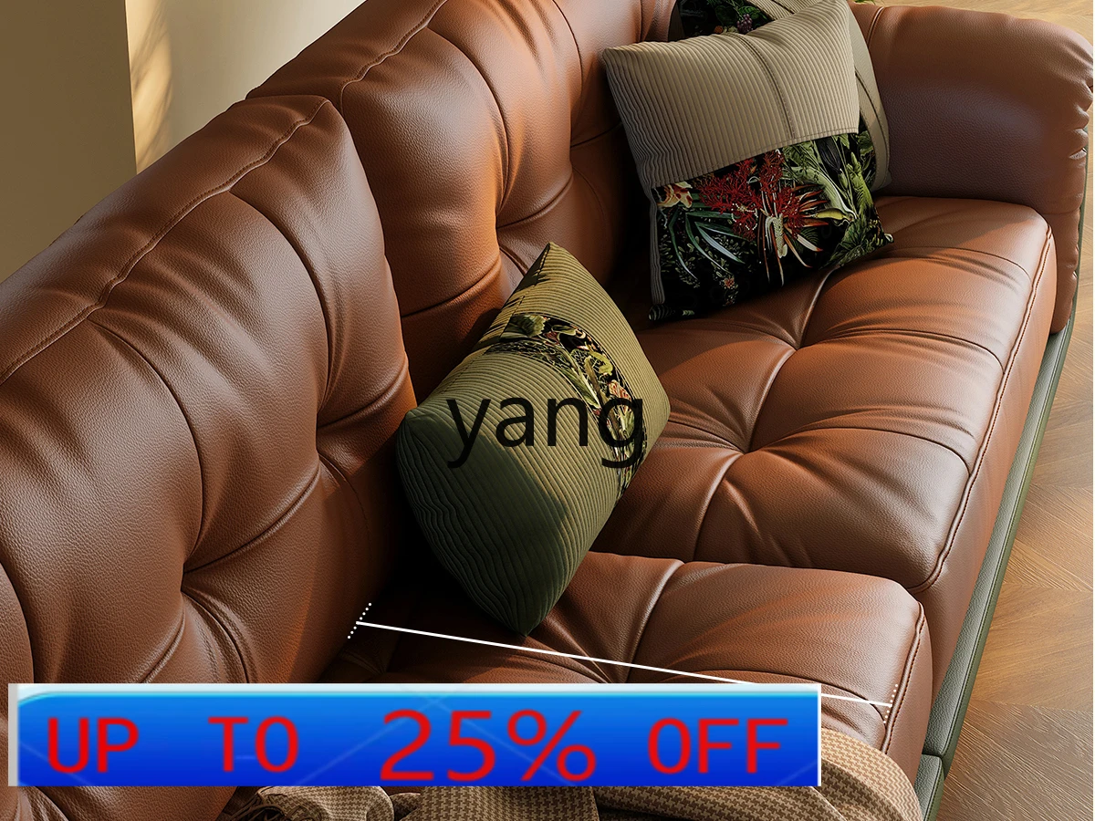Lcx French retro leather sofa straight row living room three people first layer cowhide sofa