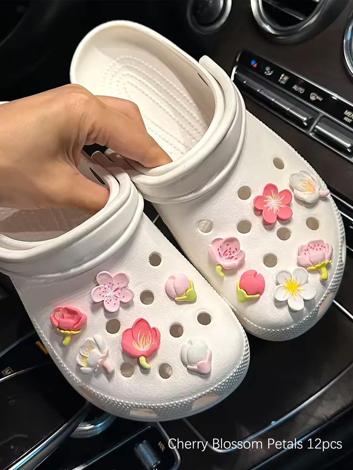 Juego de decoración de zapatos con flor de cerezo degradada de 12/24 piezas, rosa-blanco, ABS duradero con rosa, extraíble