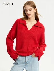 AMII Minimalist French Lazy Style Sweaters for Women 2023 Winter New Loose Casual Turn-down V-neck Long Sleeve Blouses 12344142