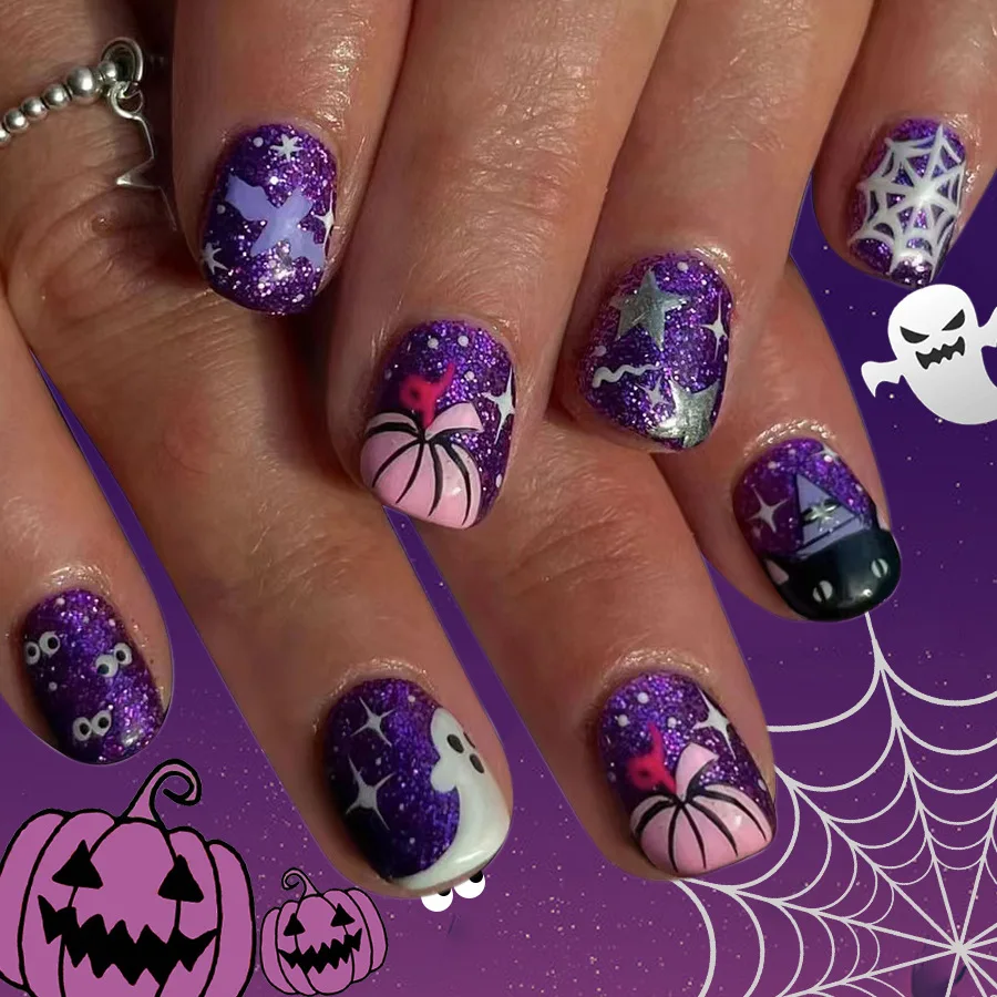 24個入り キュートなゴーストデザイン フェイクネイルセット ハロウィン グリッター ブラック ショートスクエアネイルセット 付け爪 バット スパイダーウェブ フェイクネイルチップ