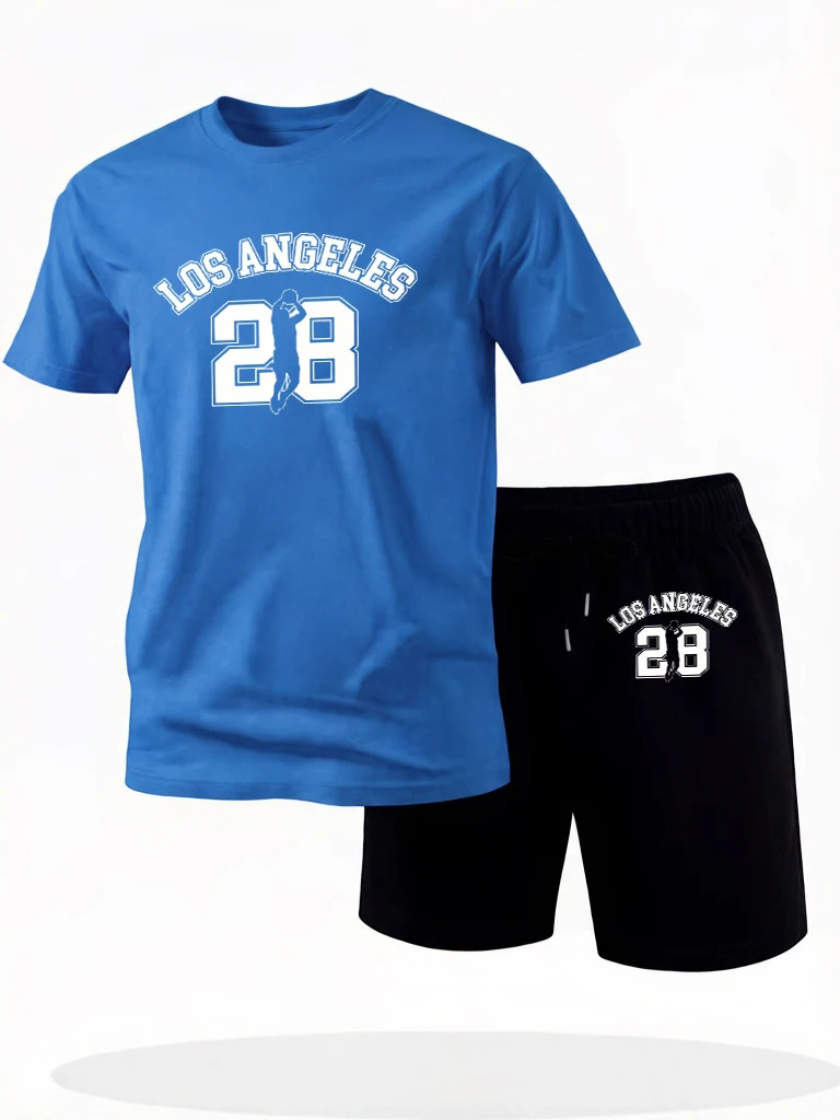 

Los Angeges Number 28 Print Summer Simple Cotton T Shirt Sets For Man Breathable Street Clothing Pocket Loose Shorts Sport Tees