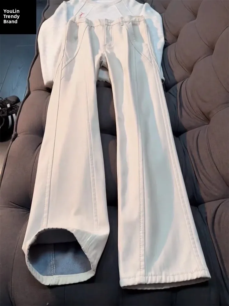 

Мужские и женские джинсы с начесом, скошенным крой, низкой посадкой, прямые, повседневные брюки в американском стиле