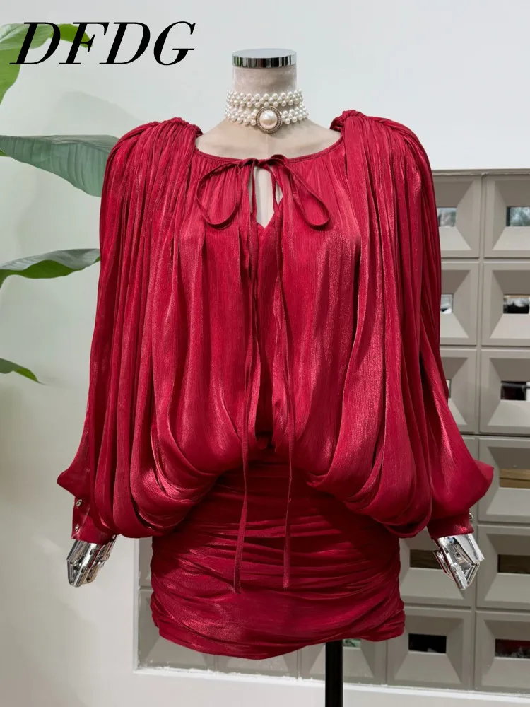 

Женское мини-платье DFDG с пышными рукавами и драпировкой, облегающее, для вечеринок и клубов, модное, трендовое, 2026 год