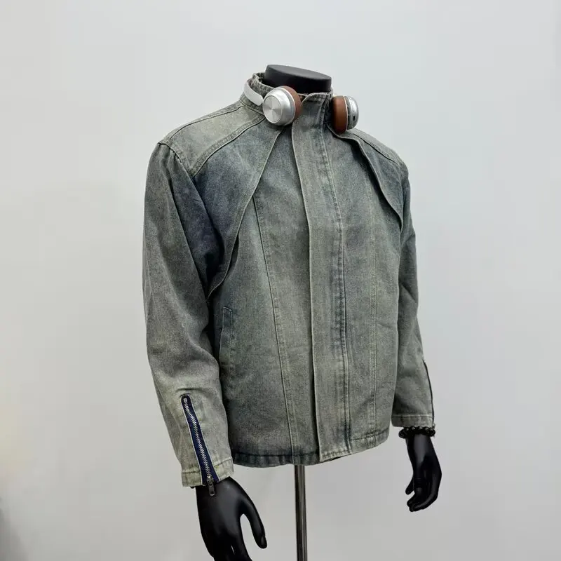 

Waed oulder ort American Sle Denim Jaet Men's Design Sense Cardigan Coat Spring Season Regular Sve Long Zipper
