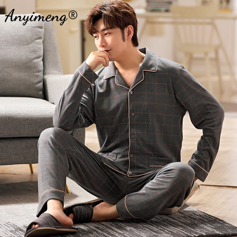 Plus Size 3xl 4xl 5xl 6xl Big Guys Pajamas for Men Large Loungewear Cardigan Plaid Fashion Homewear Fat Man\'s Pijamas Father Pjs