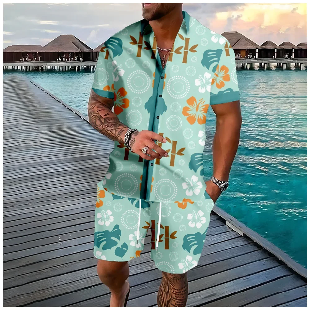 Hawaii set bunga kancing kemeja celana pendek musim panas bunga campuran warna pantai Hipster Streetwear pakaian olahraga pakaian pria