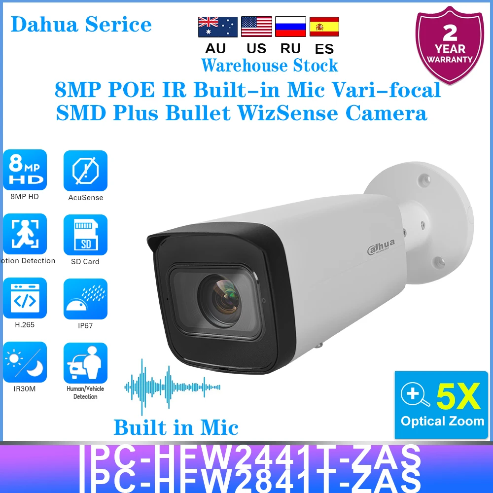 

Dahua Serice 4/8MP IPC-HFW2441T-ZAS & IPC-HFW2841T-ZAS 4/8MP POE IP67 IR Built-in Mic Vari-focal SMD Plus Bullet WizSense Camera