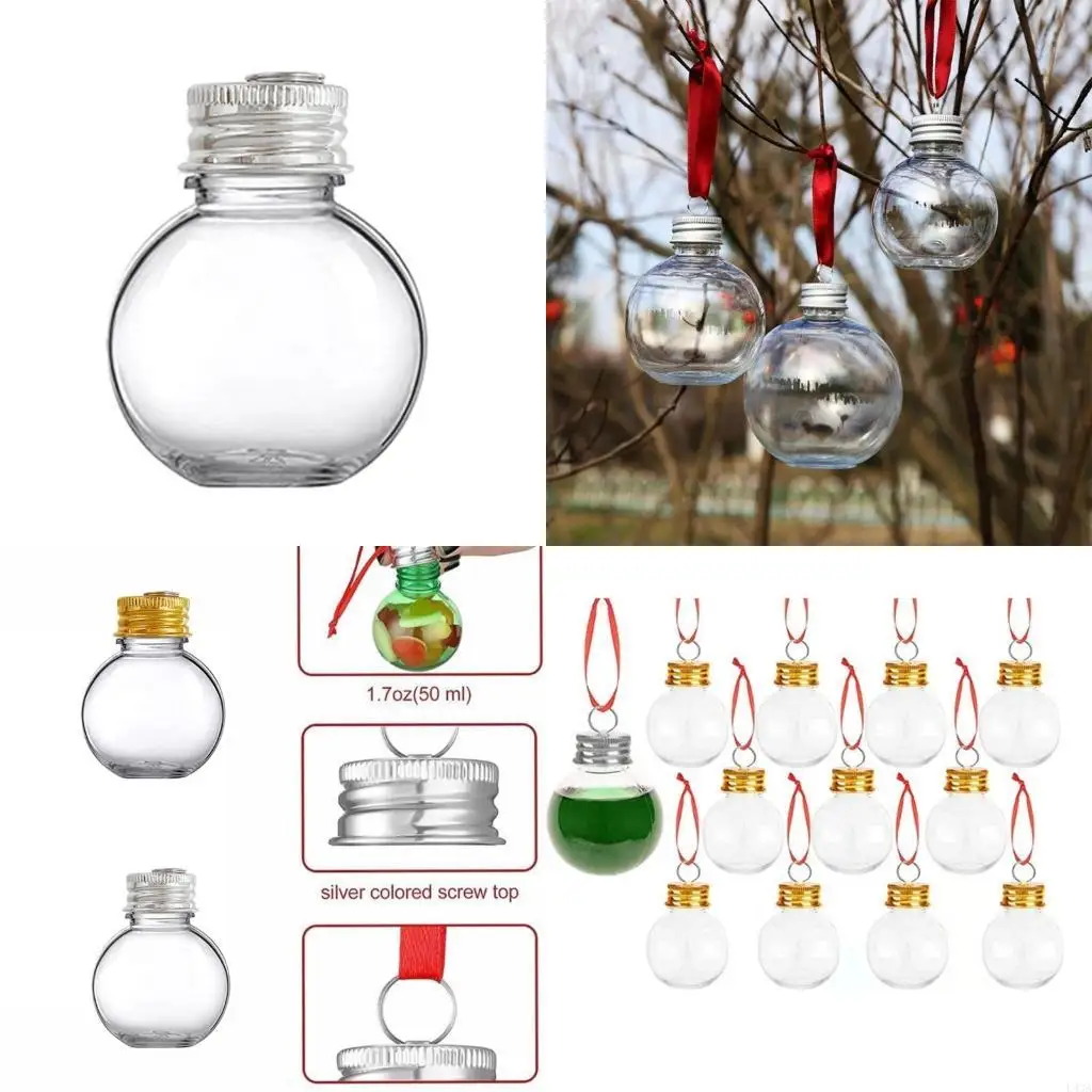 L43A 10Pcs 50ml Clear Empty Christmas Bauble Fillable with Removable Metal Hangers