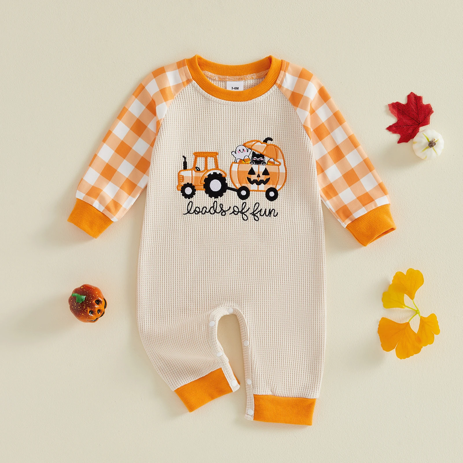 0-18M Baby Jumpsuit Casual Long Sleeve Round Neck Pumpkin Tractor Embroidery Romper Footless Newborn Outfit