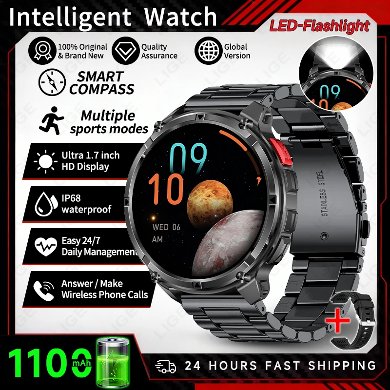 

Смарт-часы LIGE 2026 с аккумулятором 1100 мАч, спортивный фитнес-трекер, монитор сердечного ритма, компас, фонарик, Bluetooth-вызовы для мужчин