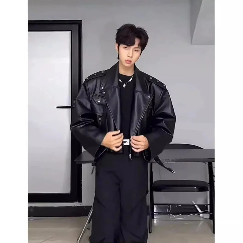 2026 new Spring Autumn Trendy Handsome High-End Feel Motorcycle PU Leather Jacket Top American Retro Short Leather Jacket Men's