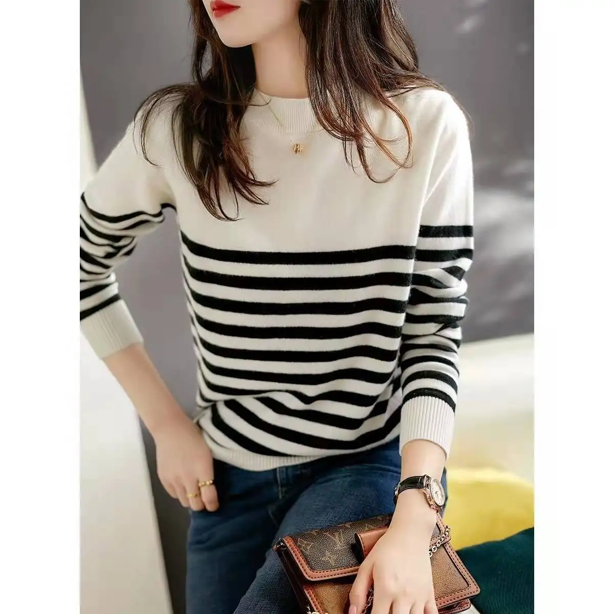 New O Neck Vintage Striped Sweater Pullovers for Women Casual Slim Long Sleeves Jumpers Autumn Female Kintting Tops Hot T167