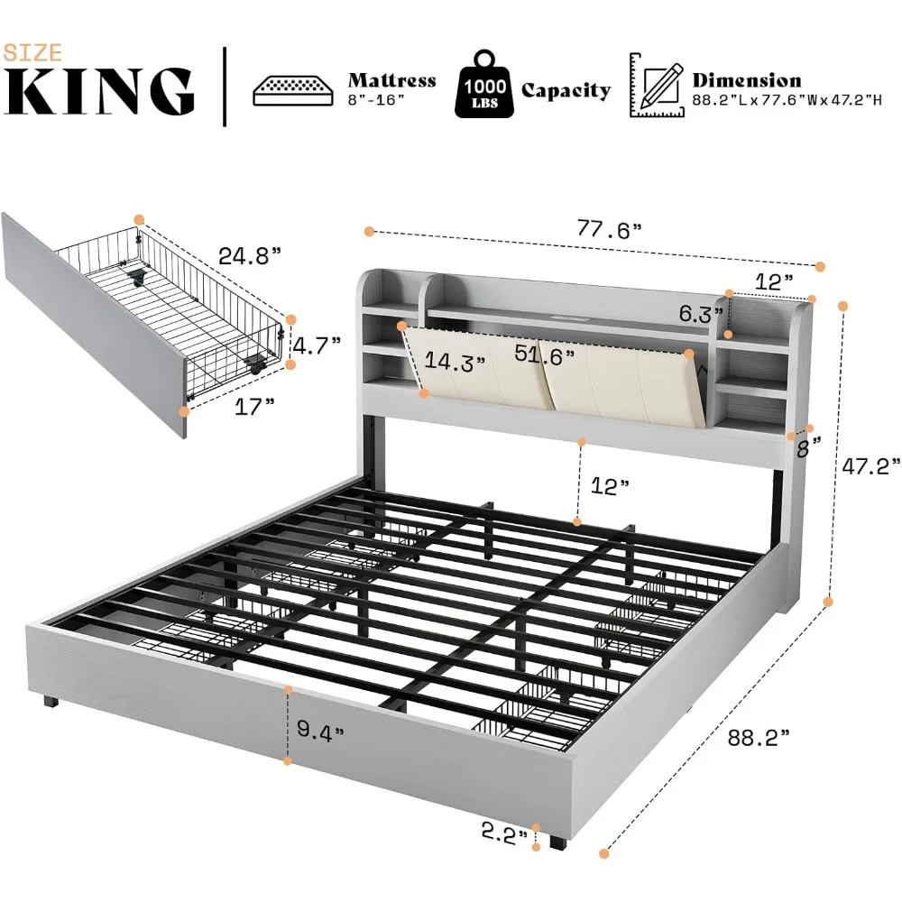 King Size Bed Frame, 4 Storage Drawers, Upholstered Beds Frame WithBookcase Headboard, Wooden Platform Bed,Bedroom Beds Frames