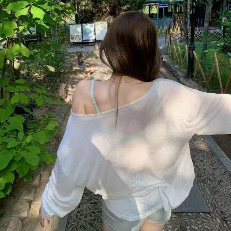 Fashion Streetwear Sheer Loose Tshirts Women Summer Solid Casual Sunscreen Basic Tee Tops Sexy Off Shoulder Long Sleeve T-shirt
