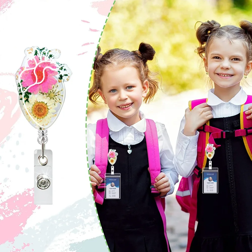 

Stretchable Heart Badge Clip High Resilience Fall-proof Daisies Pattern Badge Clip ID Card Clips with Back Clip