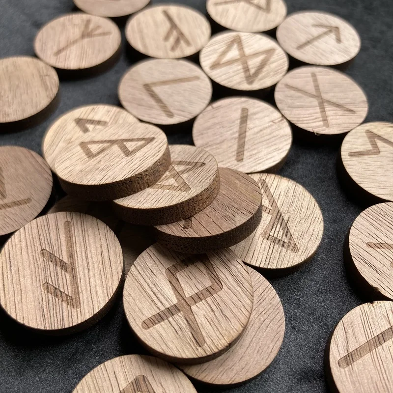 25Pcs Natural Wood Walnut Runes Stones Wooden Mysticism supplies for Divination Rune Kit  Round Altar Occultism Props Pendant