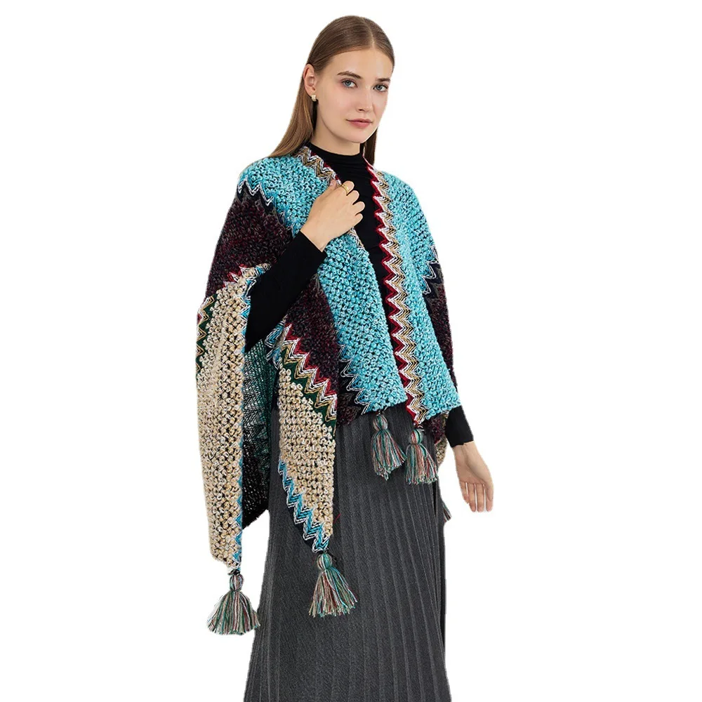 

Women Spring Autumn Bohemia Shawl Lady Knitted Cardigan Coat Woolen Yarn Wrap Ethnic Sweater Winter Manta with Tassels Drop Ship