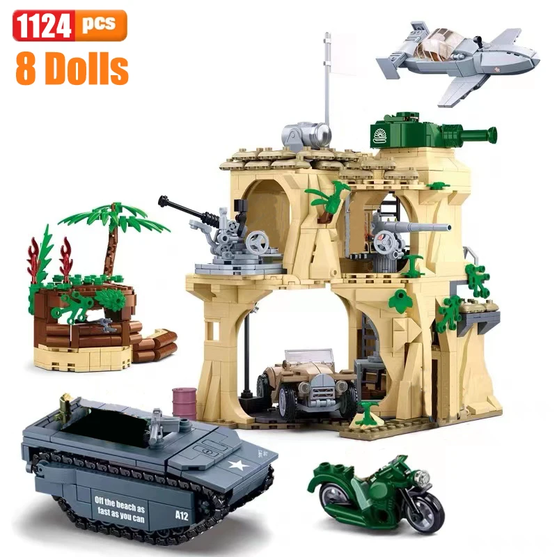 

WW2 Military Model Battle of Iwo Jima Tank Aircraft Vehicle Scene Accessories Building Blocks Bricks Toys For Children Gifts