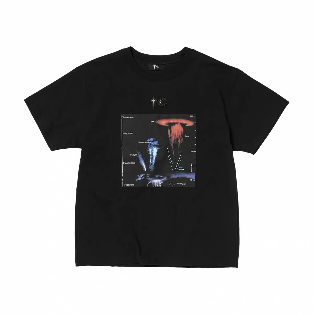 THUG CLUB Flash Print Metal Star and Moon Logo Patched Loose Casual Solid-color Short Sleeve T-shirt Half Sleeve