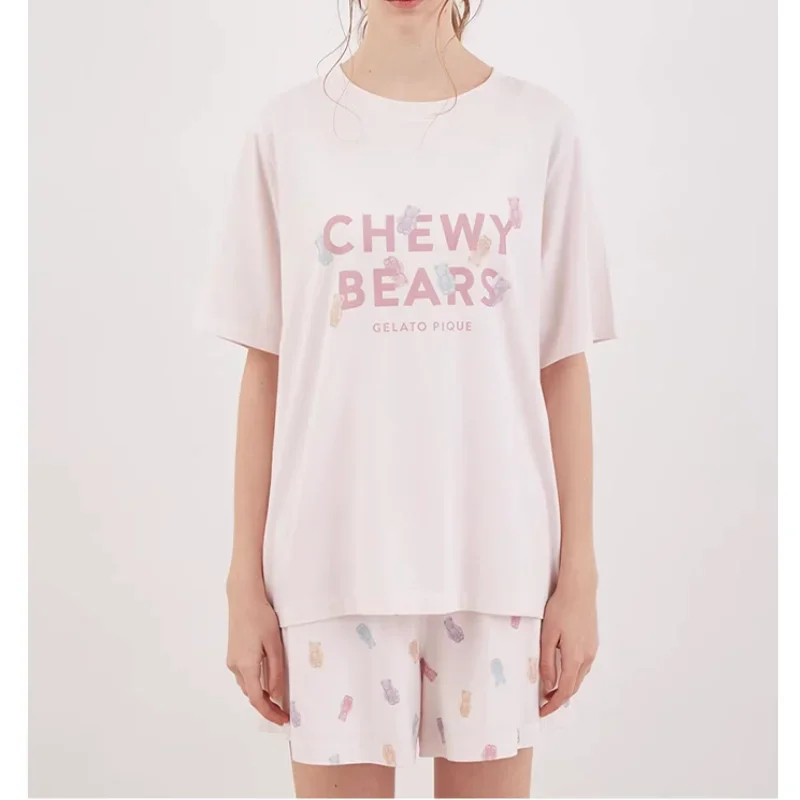 Pajama Room Wear Women\'s Pajamas Sleepwear Summer Short Sleeve T-shirt Trousers Shorts Loungewear Women COTTON