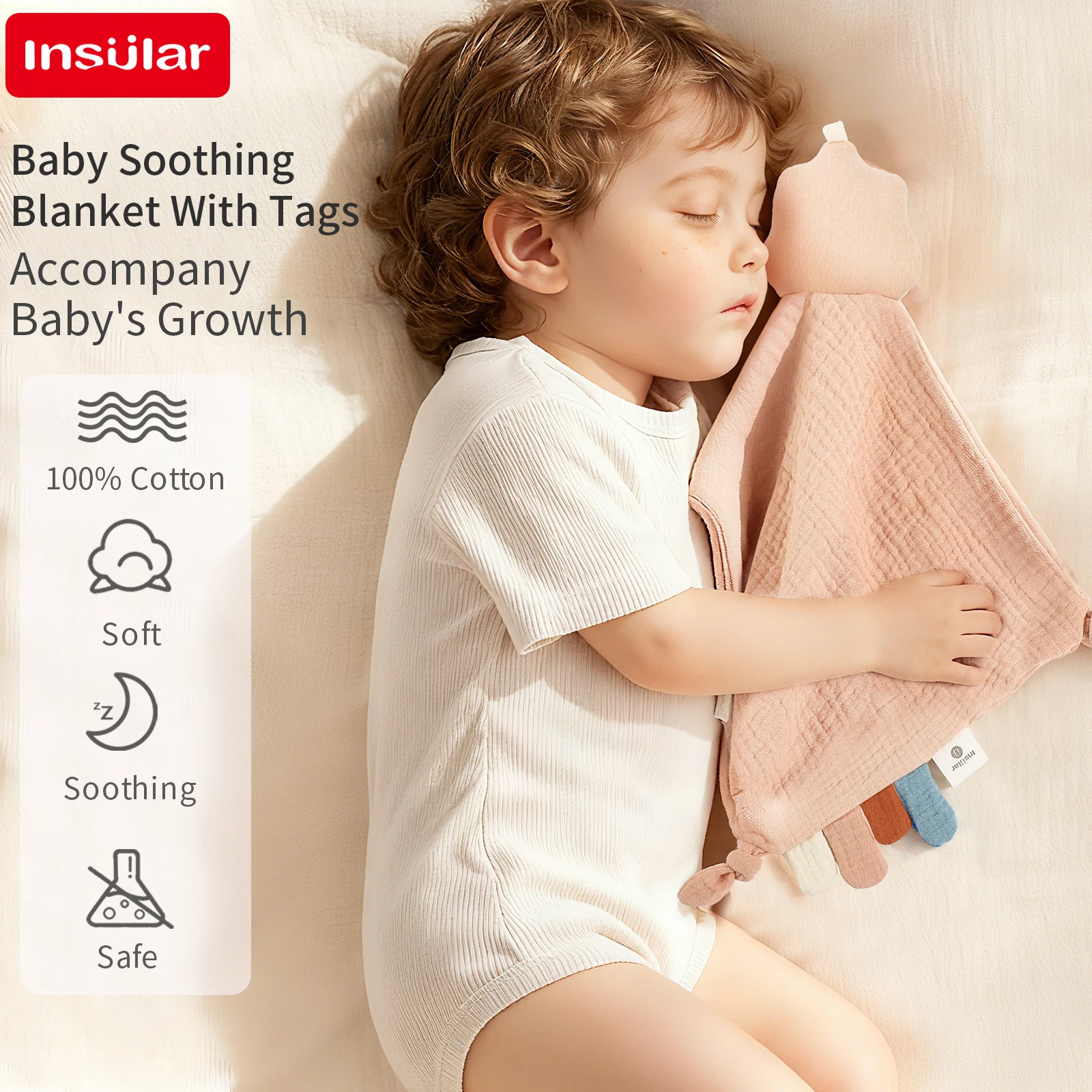 Skin-Friendly 100% Cotton Gauze Baby Soothing Blanket with Tags Sleeping-Aid Doll Handkerchief for Infants 0-1Y Kids