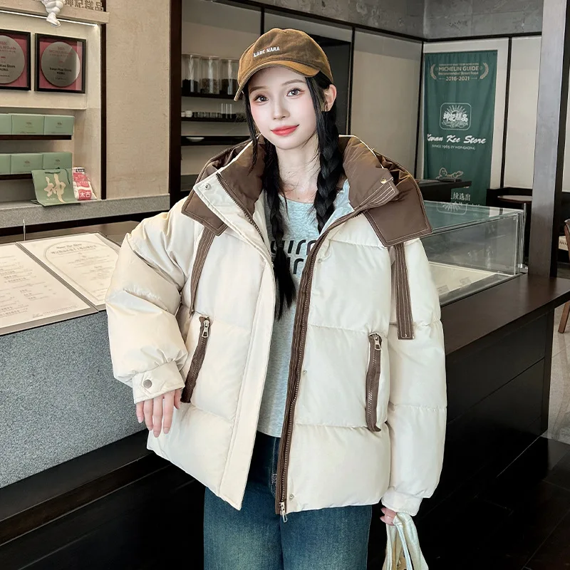 Chaqueta con capucha de invierno de retales de Color contrastante coreano para Mujer, Parkas cortas hinchadas que combinan con todo, abrigo de algodón cálido a prueba de viento para Mujer