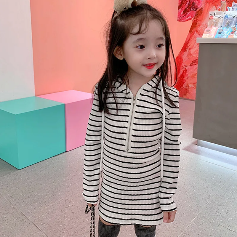Girls' Striped Knitted Zipper Dress Sweatshirt Dress2025Spring New Fashion Foreign Trade Children's Clothing Dropshipping