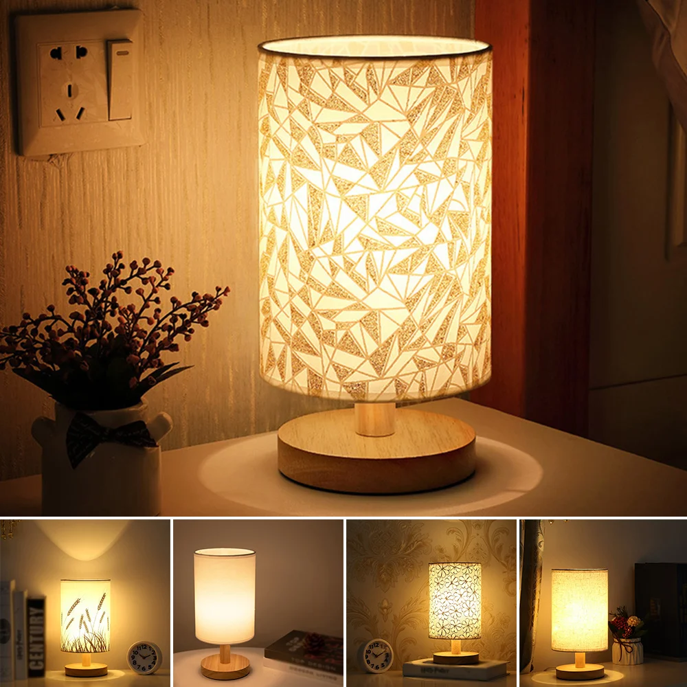 Wooden Night Lamp Retro Linen Table Lamp LED Desk Lamp Eye Protection Nightstand Lamp USB Powered Bedside Lamp Bedroom Decor