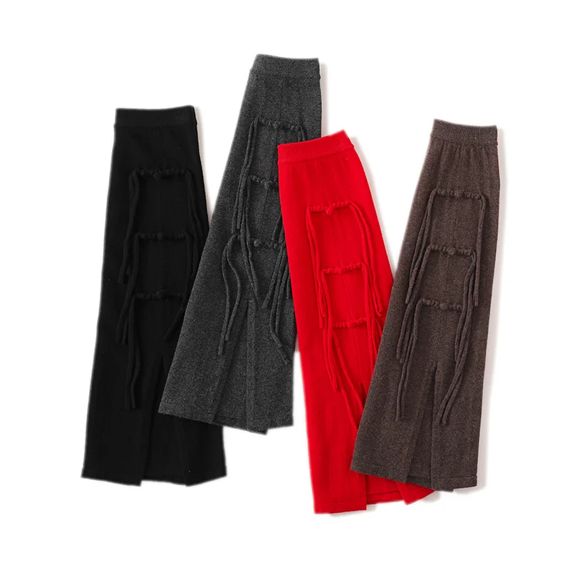 Autumn And Winter New Pure Wool Thick Skirt Women's High Waist Solid Color Buckle Split Knit Skirt Cashmere Long Skirt