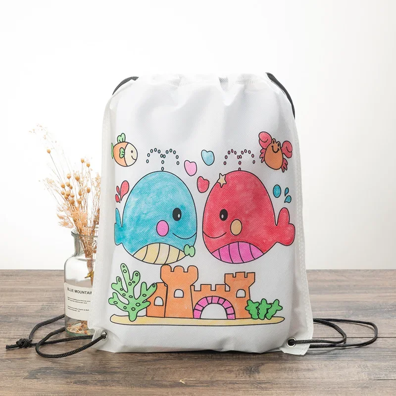 Cartoon DIY Hand-Painted Coloring Graffiti Painted Non-Woven Bag for Children Handmade Gift Bag Toy with Tool Random 1 Set