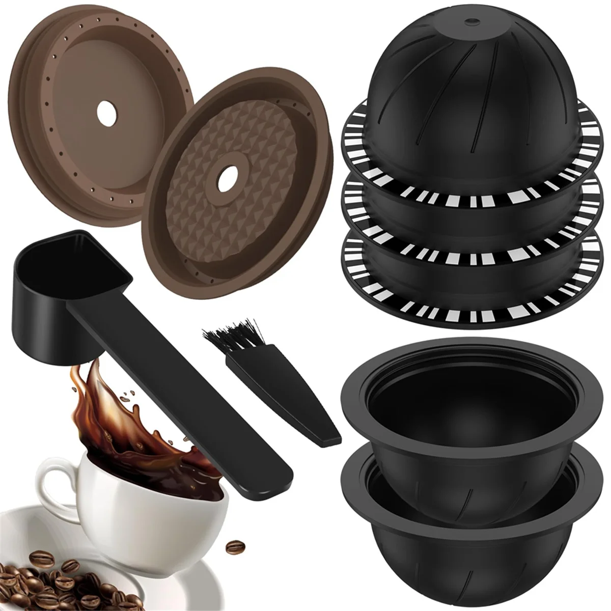 5ชิ้น reusable vertuo pods สำหรับเครื่องกาแฟแคปซูลพร้อม2ซิลิโคนฝา1ช้อนและแปรง (230มล.)