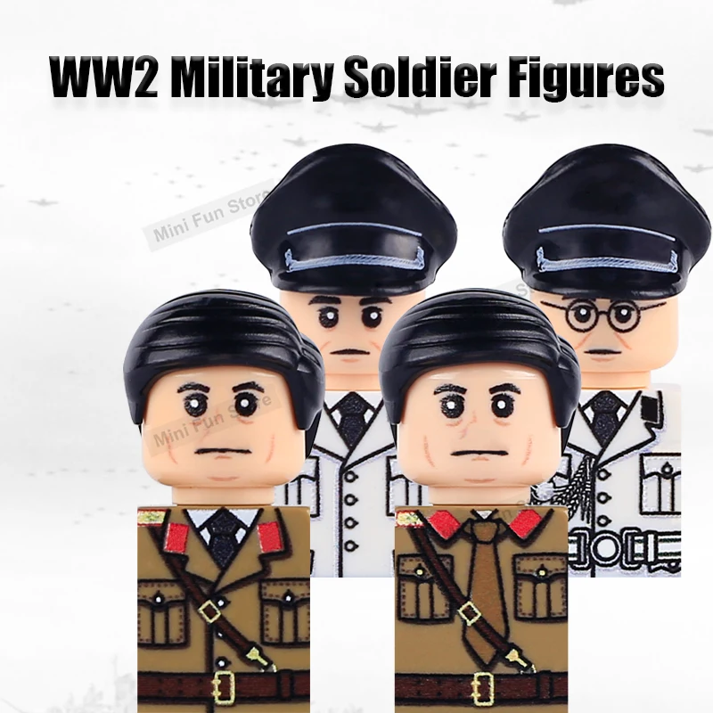 

WW2 Military UV Printed Soldier Figures Building Blocks Army German Leader Officer Summer White Uniform Accessories Bricks Toy