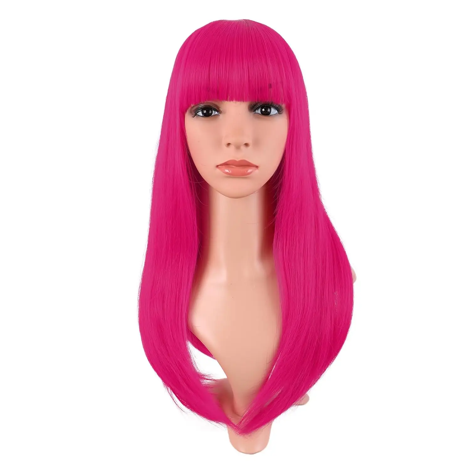 26 Inch Long Straight Flat Bangs Party Cosplay Wig Hot Pink Synthetic Heat Resistant  Hair Wig For Women