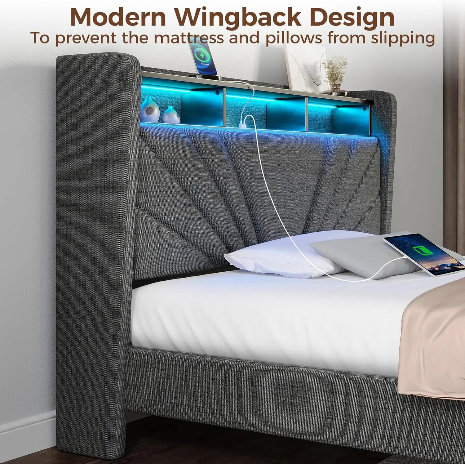 Double bed frame, storage headboard with charging station and LED lights, noise free, easy to assemble, dark gray