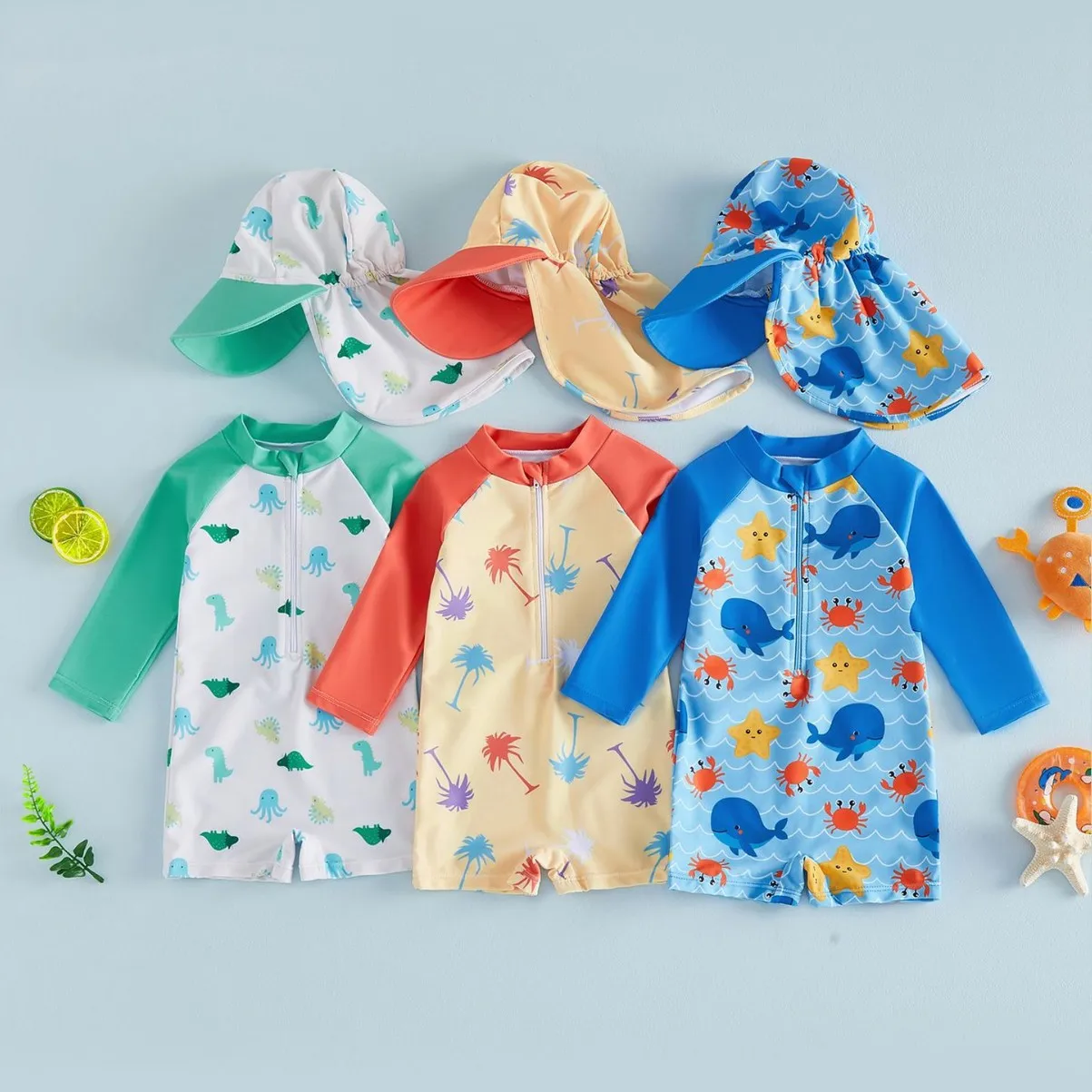 

Boys One-piece Swimsuit with Sun Hat Kids Long Sleeve Cute Cartoon Print Sun-protective Quick-Dry Swimwear Baby Bathing Costume
