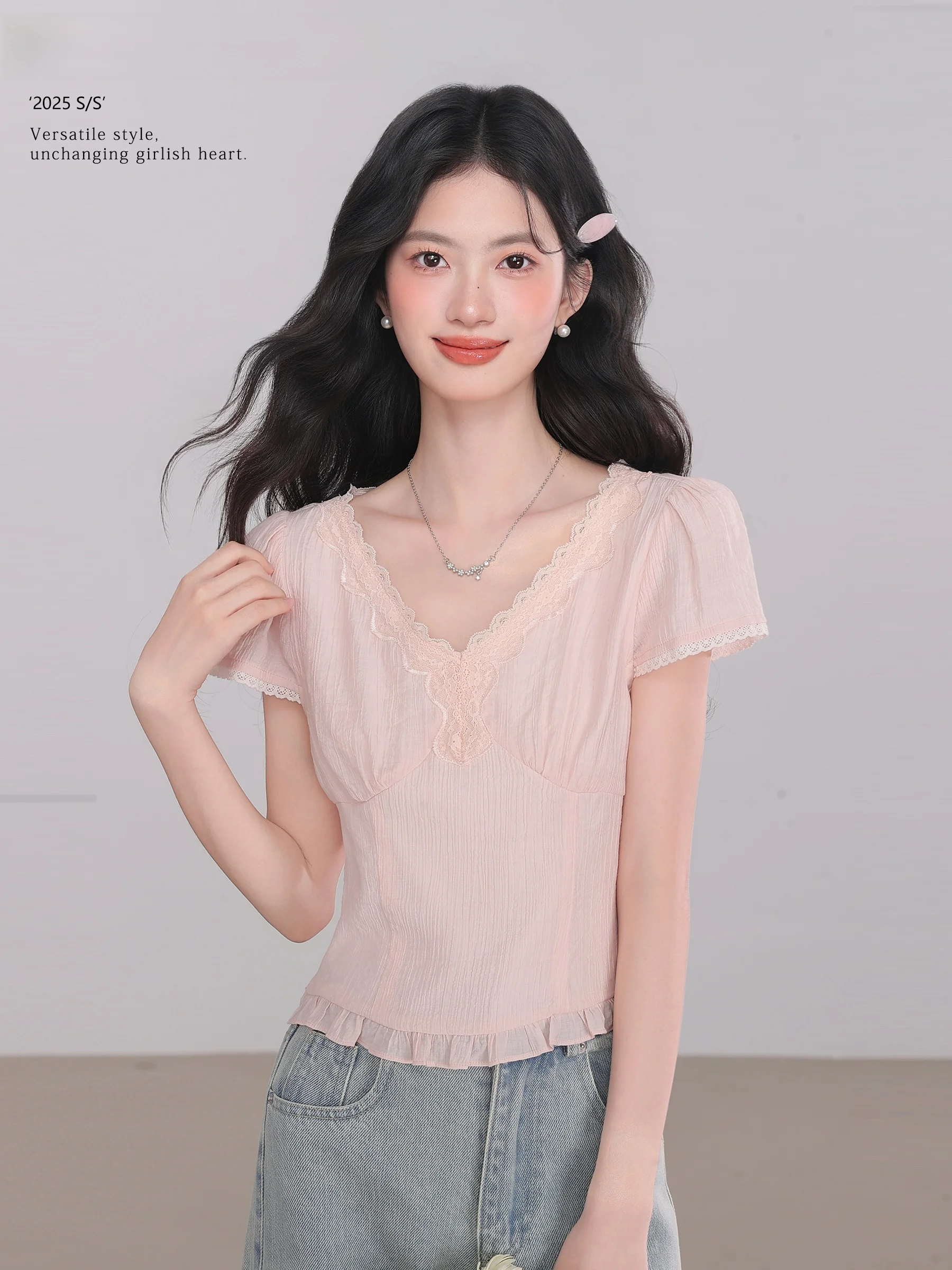 

Розовый двухслойный кружевной топ с V-образным вырезом для женщин, универсальный, с поясом, антивозрастной, летний, из бамбукового волокна, тонкий, стандартного кроя