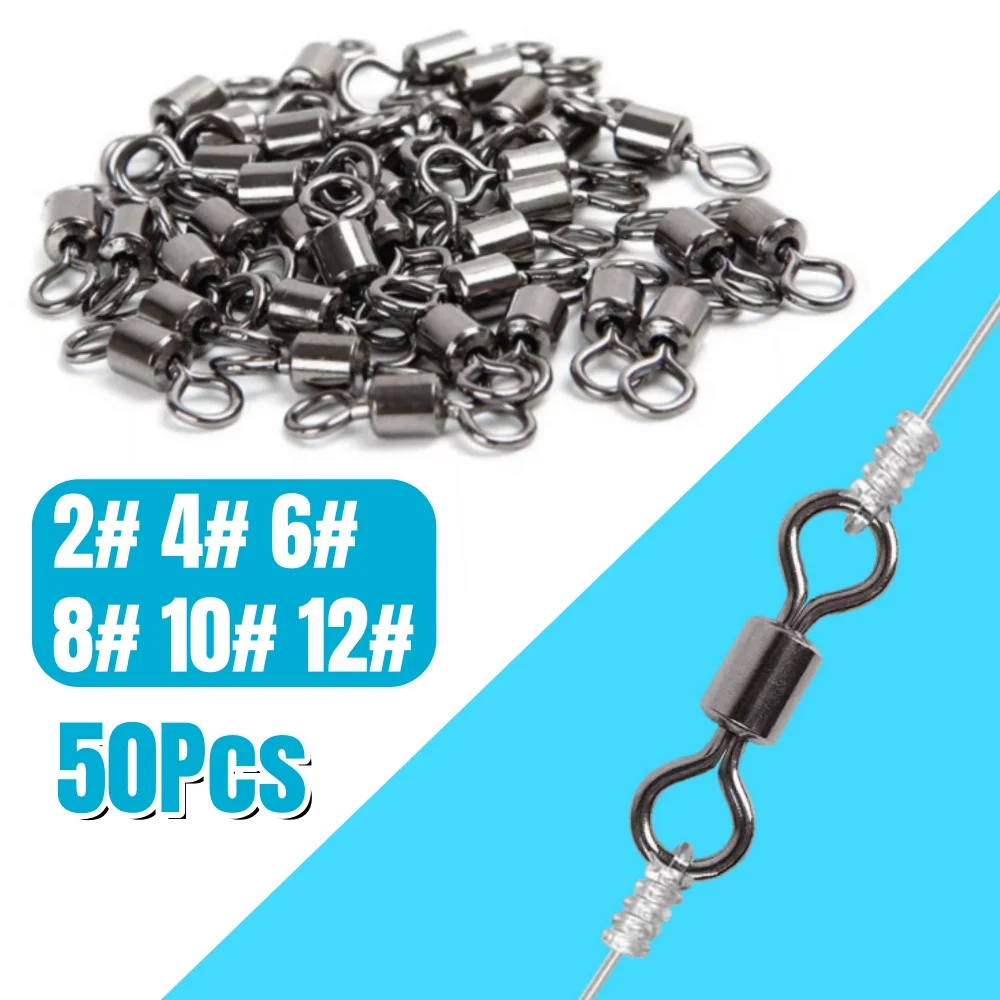 50pcs/lot Fishing Swivel Sizes 2-12# Solid Stainless Steel Connector Ball Bearing Snap Fishing Swivels Rolling Beads Accessories