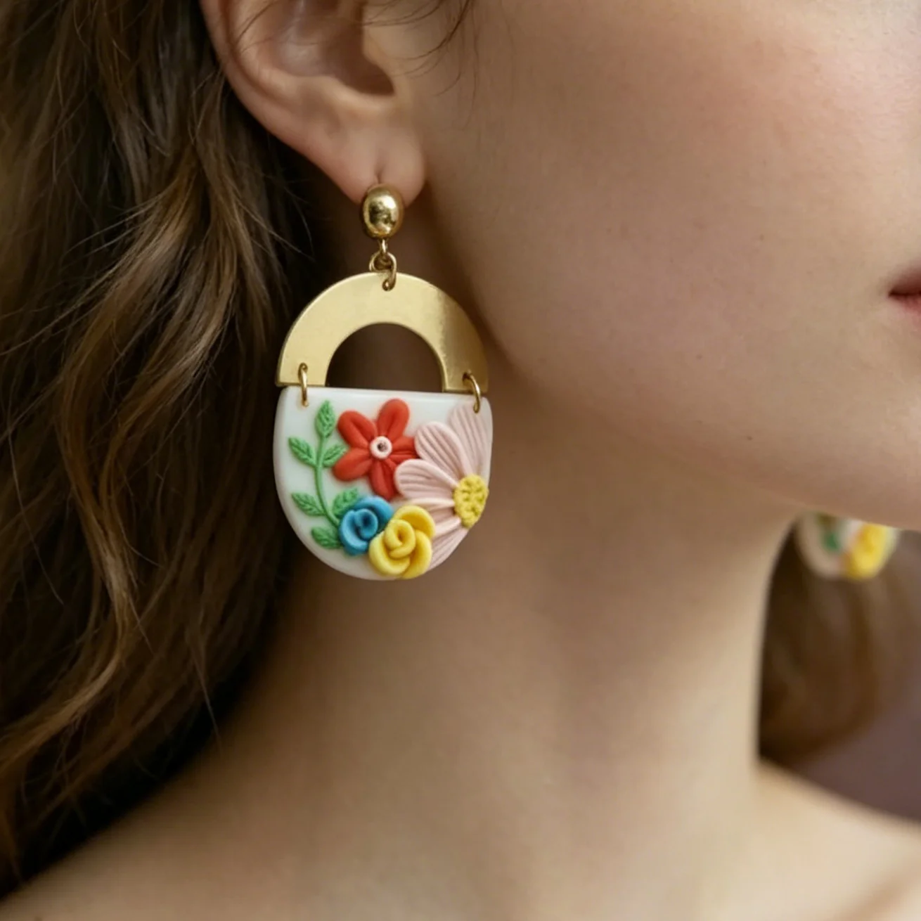 Flora Flowers Handmade Polymer Clay Earrings Set Vintage Irregular Floral Multi Colors Shapes Dangle Jewelry for Spring Summer