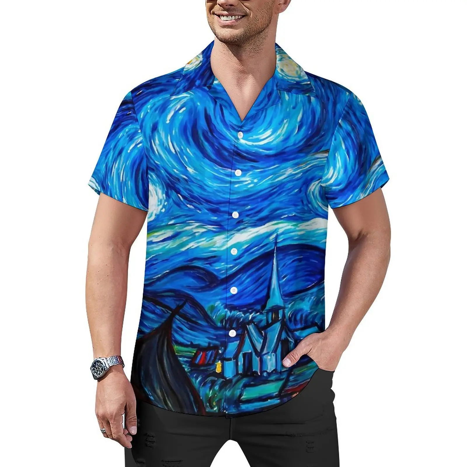 Kemeja liburan Hawaii blus malam berbintang klasik Vincent Van Gogh kemeja kasual keren Atasan Pria lengan pendek Fashion kebesaran