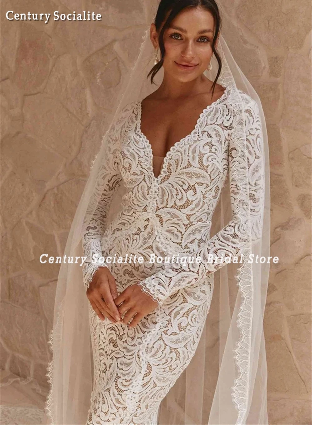 Vestidos de novia bohemios sirena manga larga cuello en V sin espalda vestidos de novia de encaje vestidos de novias 2025 elegantes personalizados