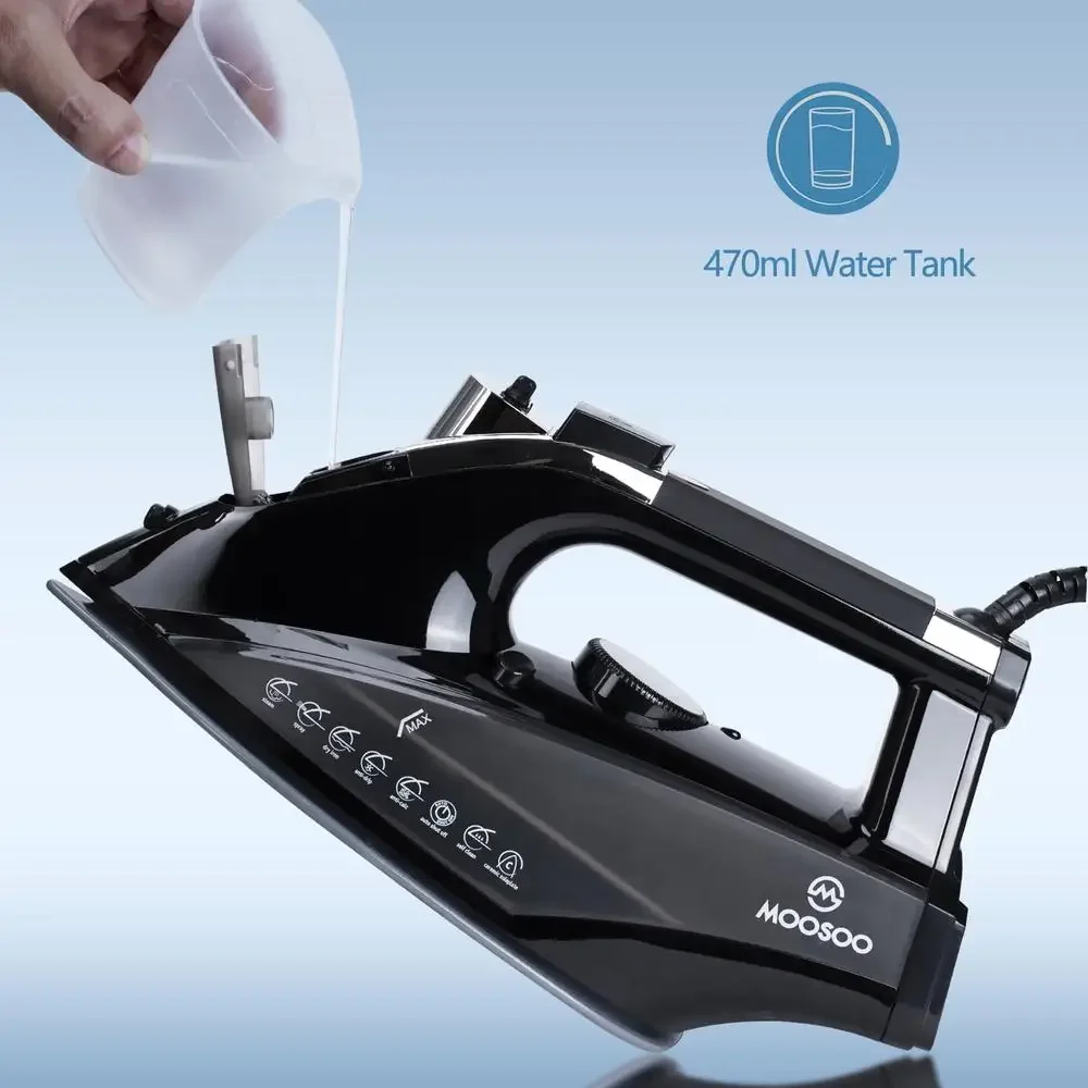 Portable Ceramic Soleplate Iron with 470ml Water Tank Anti-Drop Protect Auto-Clean System 4 Temperature Settings Professional