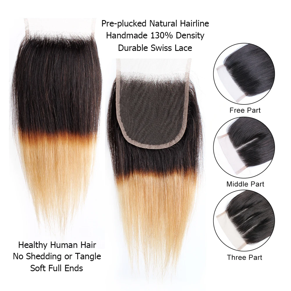 MOGULHAIR – mèches brésiliennes naturelles Remy lisses avec Closure, blond miel ombré, 4x4, Extensions de cheveux pre-plucked avec dentelle transparente