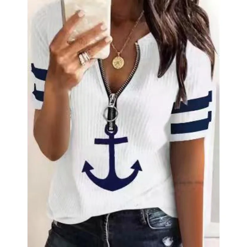 2023In Stock Amazon New European and American Fashion Casual Zipper Boat Chic Printed Fashion Pullover Short SleeveTT-shirt