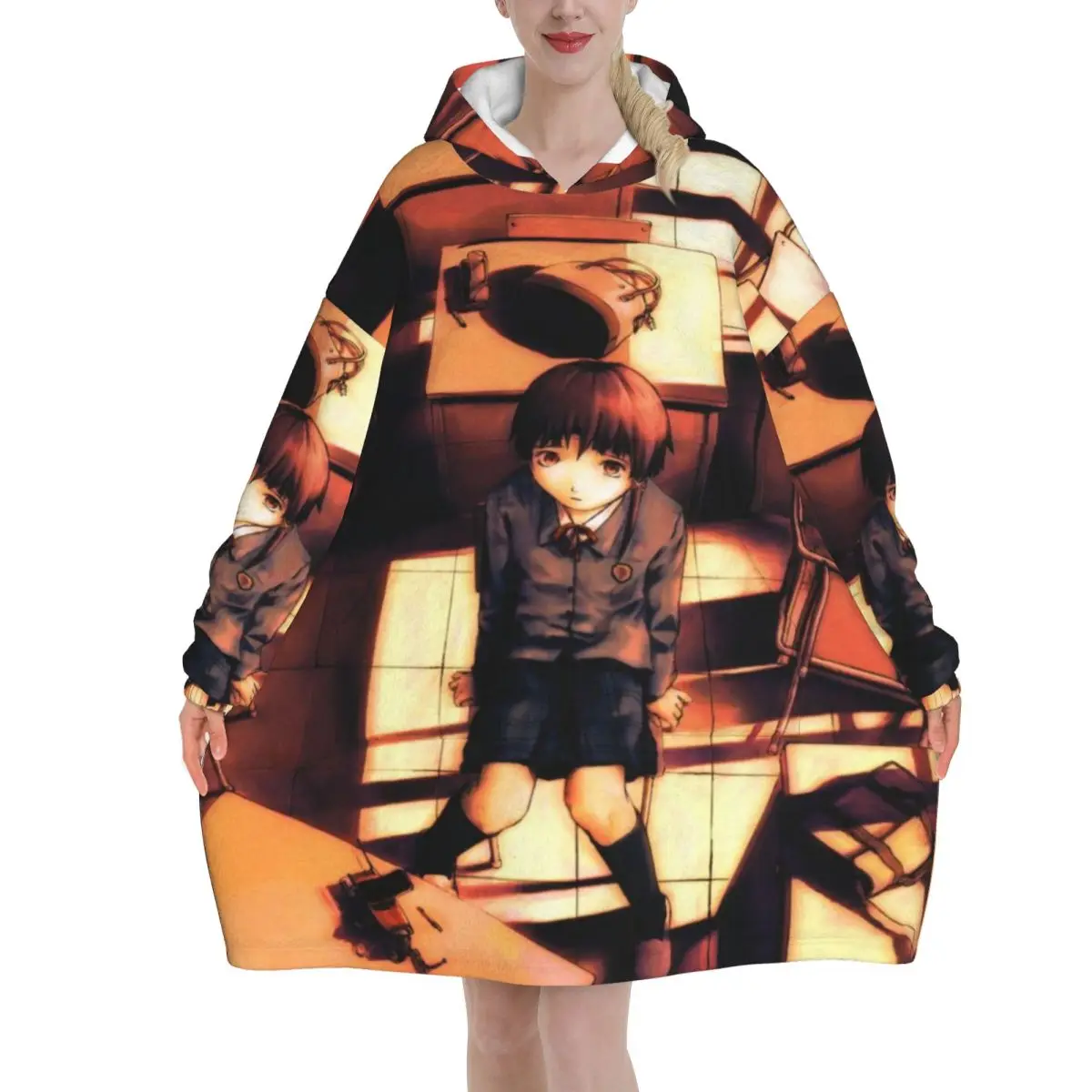 Oversized Serial Experiments Lain Lwakura Wearable Blanket Winter Gifts for Women Men Ultrasoft Plush Warm Sweatshirt Blankets