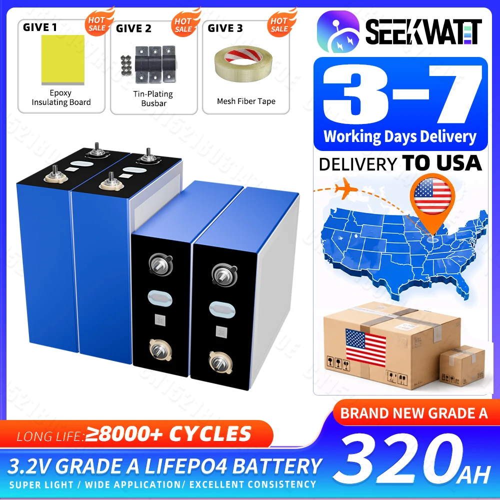 US Stock 320Ah 3.2V Grade A LiFePO4 Battery 8000+ Cycles Deep Cycle Rechargeable Cells DIY 12V 24V 48V For Solar RV Camping EV Yacht