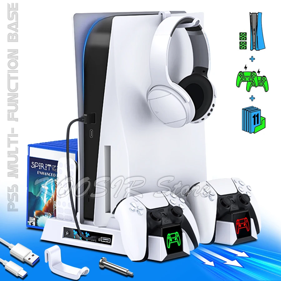 Untuk PlayStation 5 PS5 Disc & konsol Digital dudukan pendingin Radiator Play Station PS 5 Headset Holder 2 pengontrol Charger 2 kipas