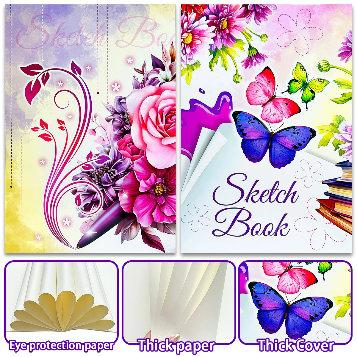 

Art Sketch book - Flower and butterfly design, thick paper and cover, children's coloring book for children to learn