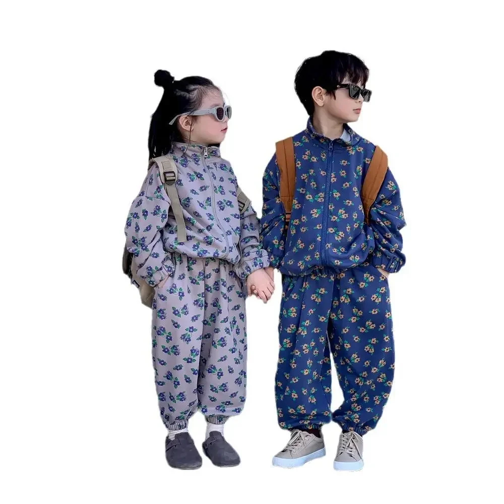 Spring boys and girls Korean version full of small flowers two-piece set children's casual stand-up collar zipper set